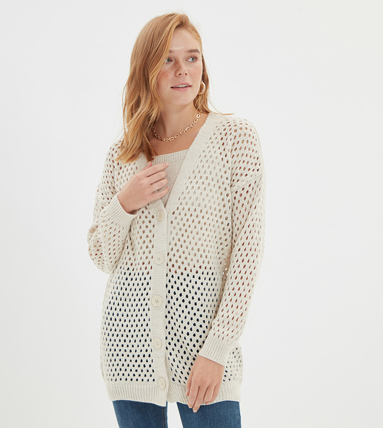 Buy Trendyol Solid Eyelet Knit Cardigan In Beige 6thStreet Qatar