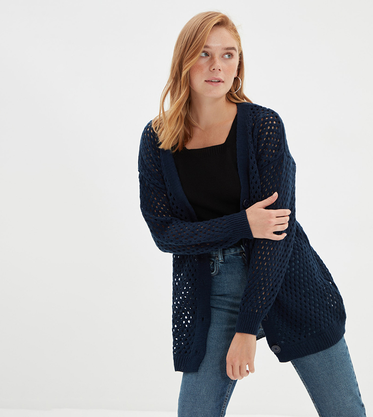 Buy Trendyol Solid Eyelet Knit Cardigan In Blue 6thStreet UAE