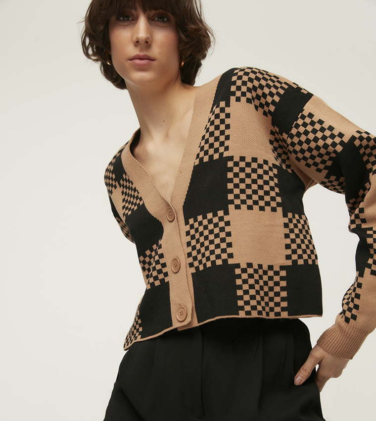 Yellow Checkered Plaid Oversized Cardigan main image 0