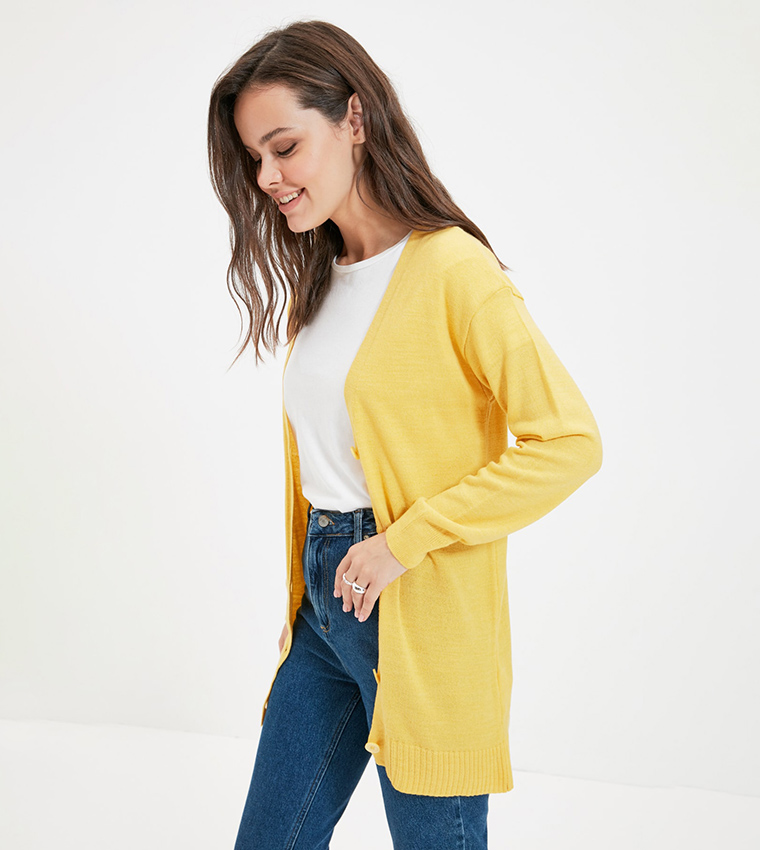 Buy Trendyol Solid Ribbed Cardigan In Yellow 6thStreet Oman