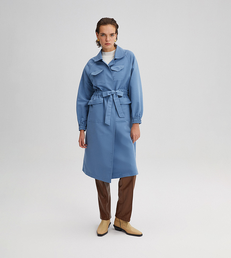 Lapel Collar Elastic Waist Trench Coat