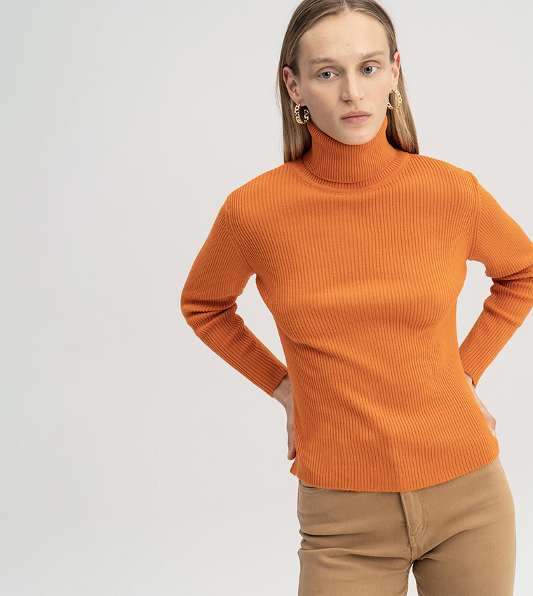 Buy Touch Turtle Neck Long Sleeves Ribbed Top In Orange