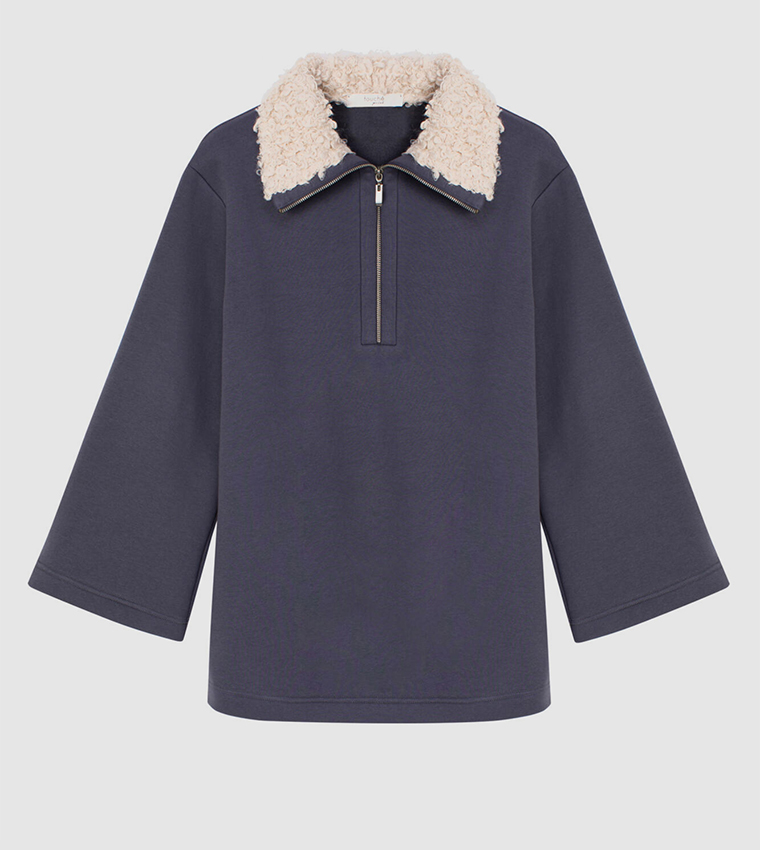Faux Fur Detail Long Sleeves Sweatshirt