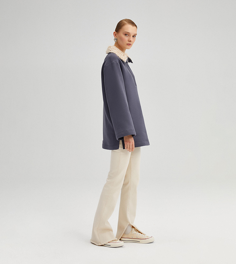 Faux Fur Detail Long Sleeves Sweatshirt