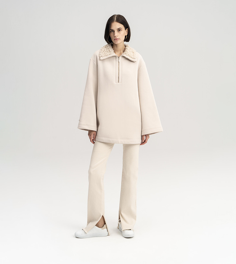 Buy Touch Faux Fur Detail Long Sleeves Sweatshirt In Beige