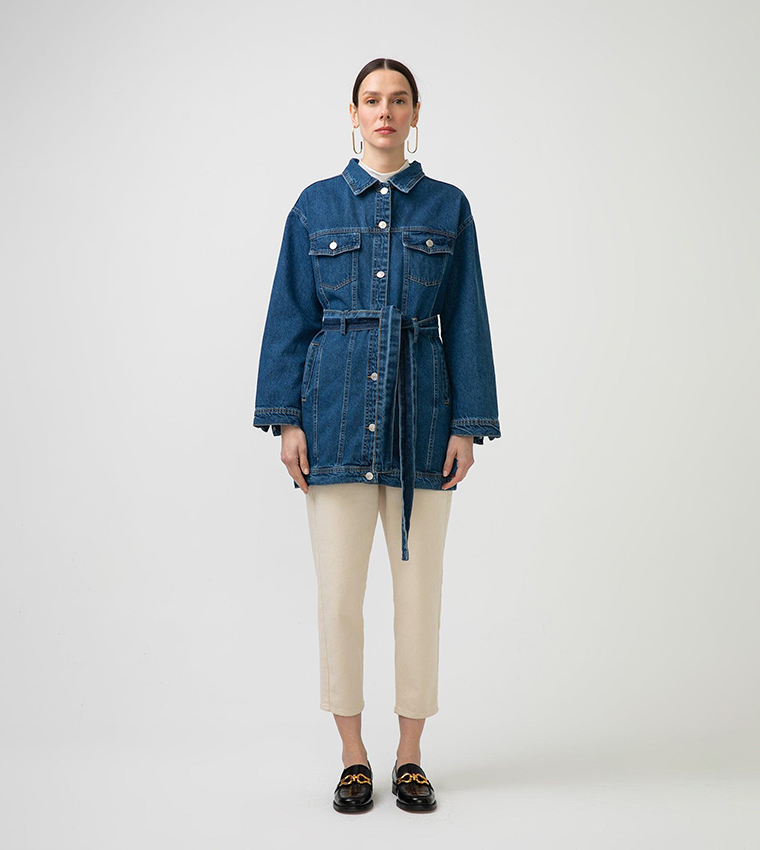 Buy Touche Longline Denim Jacket With Waist Belt In Blue 6thStreet UAE