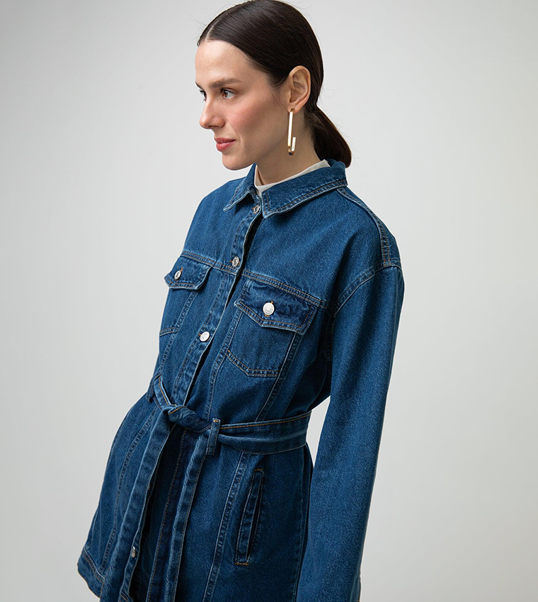 Buy Touche Longline Denim Jacket With Waist Belt In Blue 6thStreet UAE