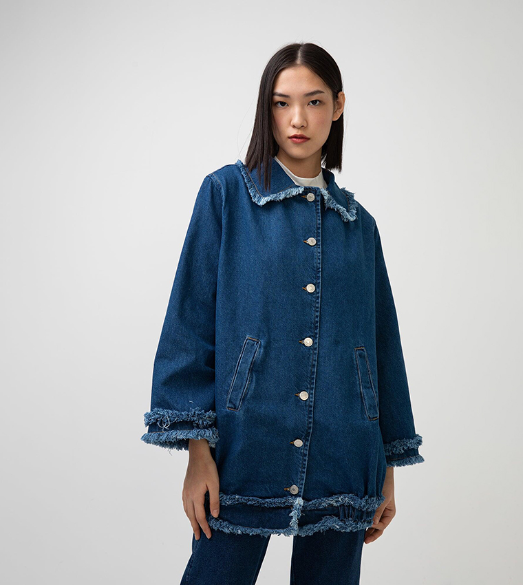 Buy Touch Fringed Button Front Denim Jacket In Blue 6thStreet UAE