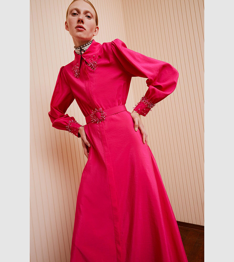 Calvin klein embellished cheap puff sleeve dress