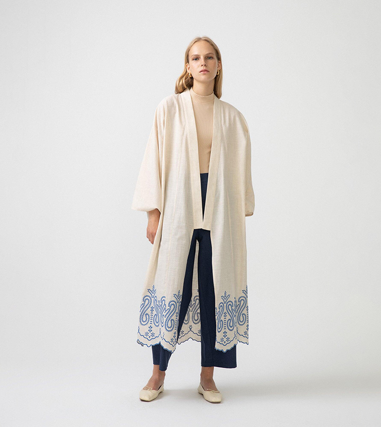 マカロン─linokekenaリネントート□Semi-order Buy Touché Embroidery Detail Linen Kimono In Cream