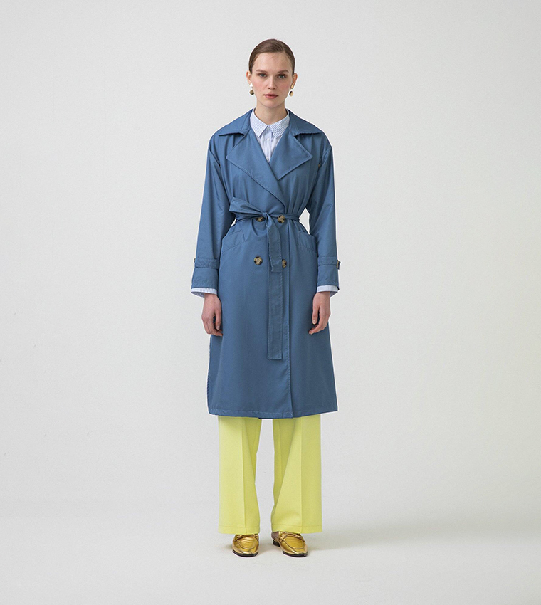 Buy Touch Double Breasted Relaxed Fit Trench Coat In Indigo