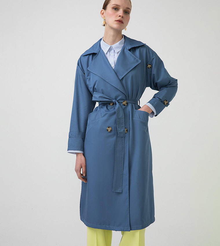 Buy Touch Double Breasted Relaxed Fit Trench Coat In Indigo