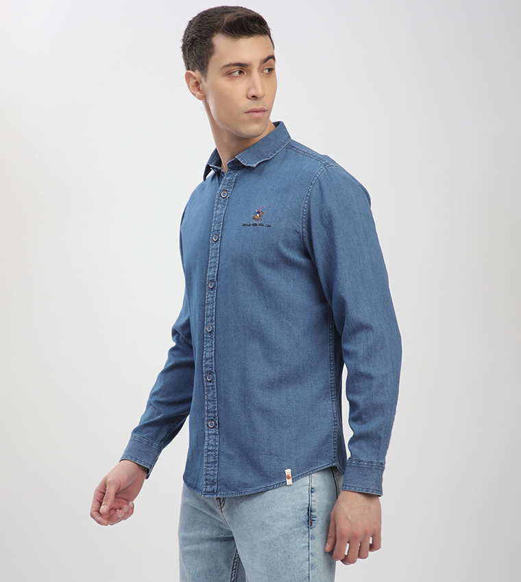 Logo Embroidered Long Sleeves Denim Shirt