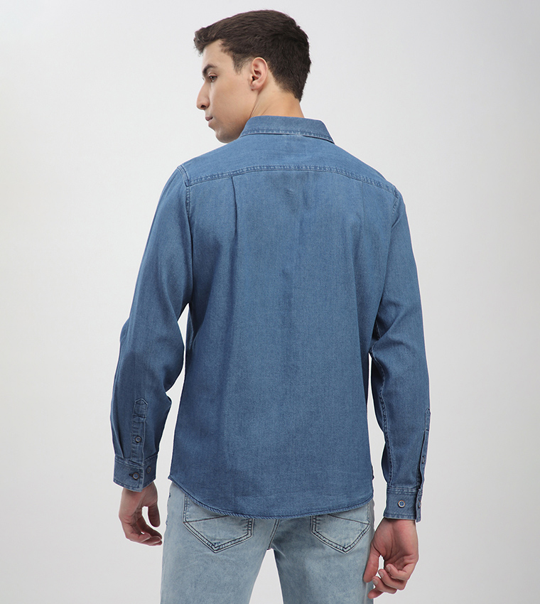 Logo Embroidered Long Sleeves Denim Shirt