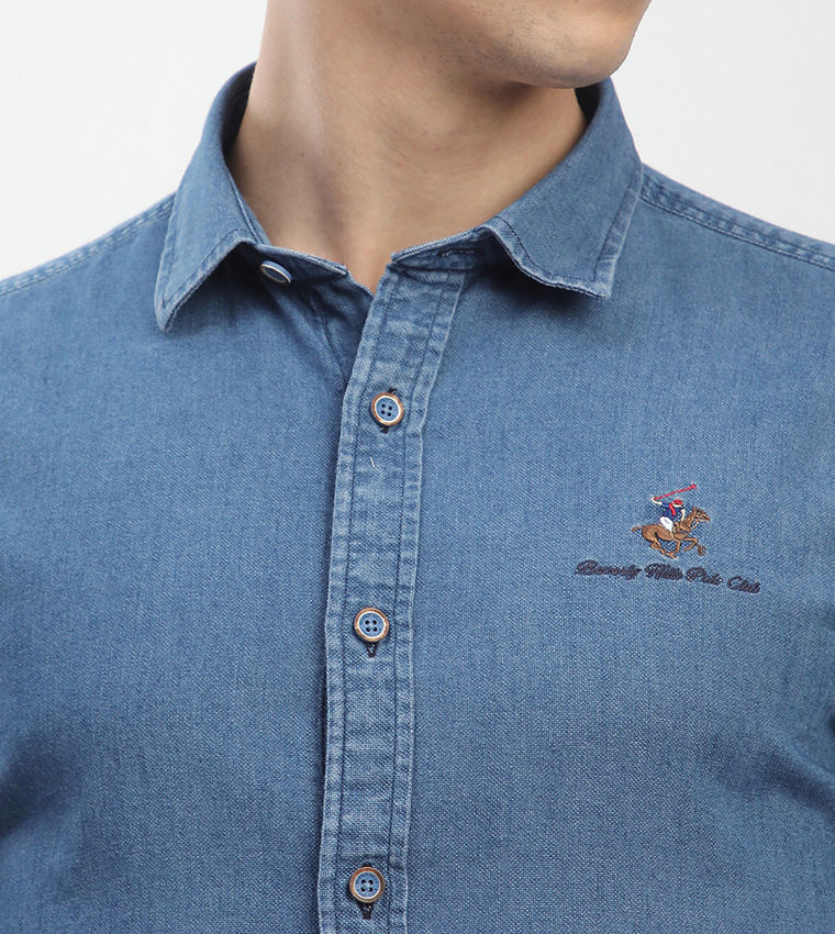 Logo Embroidered Long Sleeves Denim Shirt