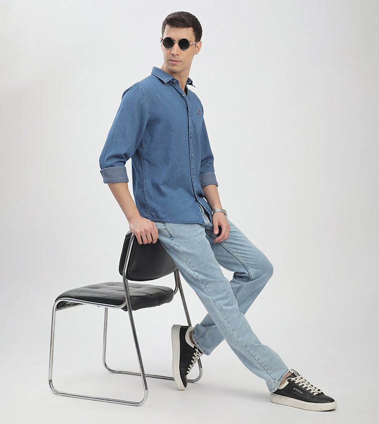 Logo Embroidered Long Sleeves Denim Shirt