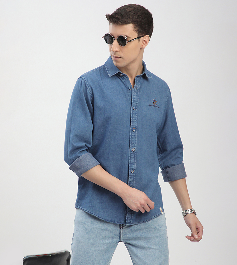 Logo Embroidered Long Sleeves Denim Shirt