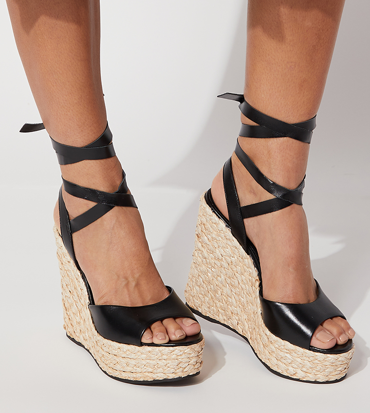 Black wedges tie around hot sale ankle