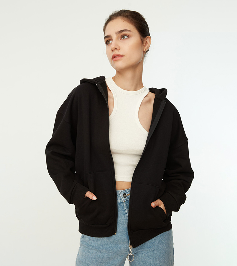 Oversized black zip clearance hoodie