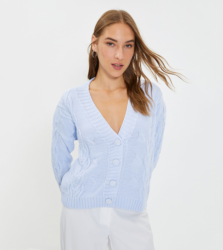 Cable Knit Cardigan in Pale Blue