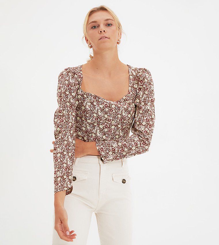 Buy Trendyol Floral Heart Collar Top In Brown