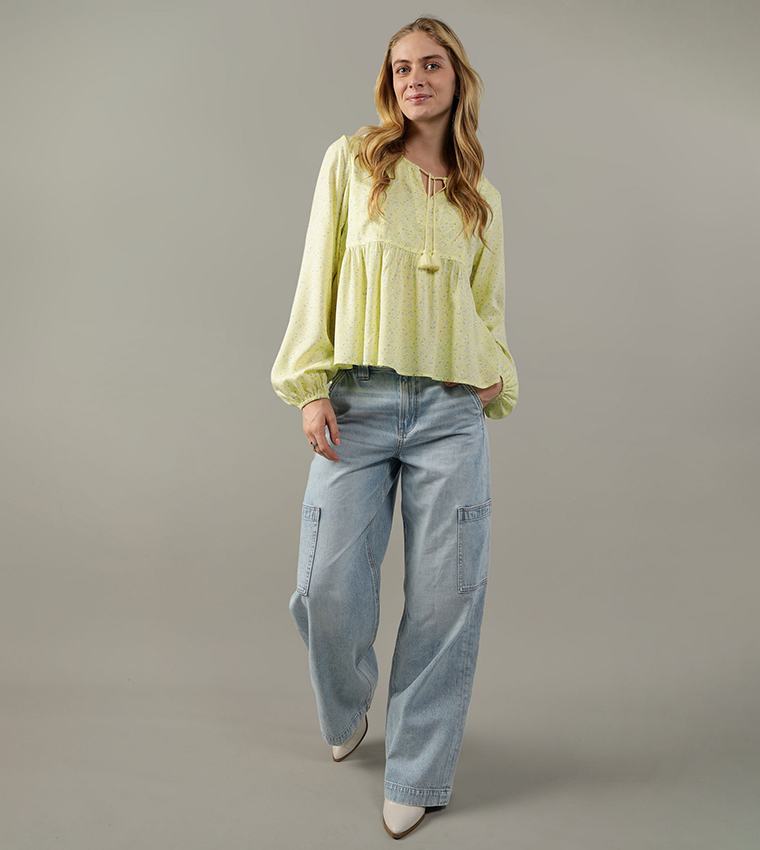 Printed Tie-Up Neck Long Sleeves Top