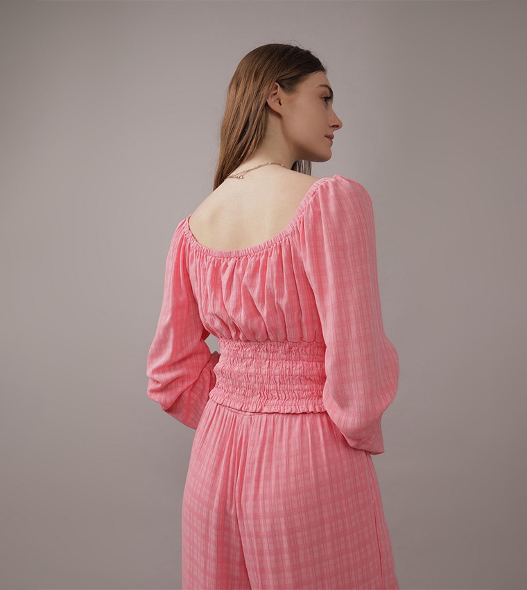 Checkered Smocked Detail Top