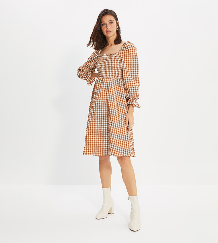 B&W CHECKERED SMOCKED STRAPPY TOP AND TIERED SKIRT SET