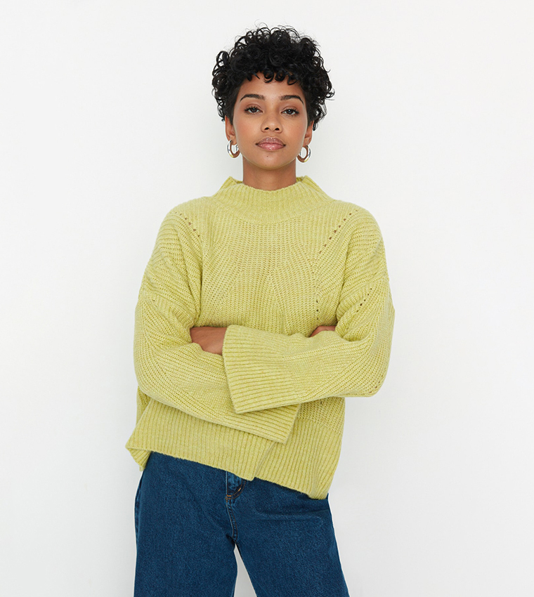 Buy Trendyol Stand Up Collar Knitwear Sweater In Yellow