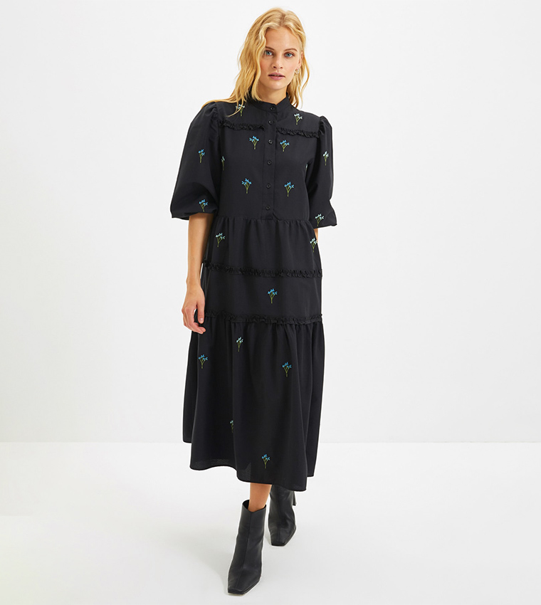 Embroidered Midi Tiered Dress