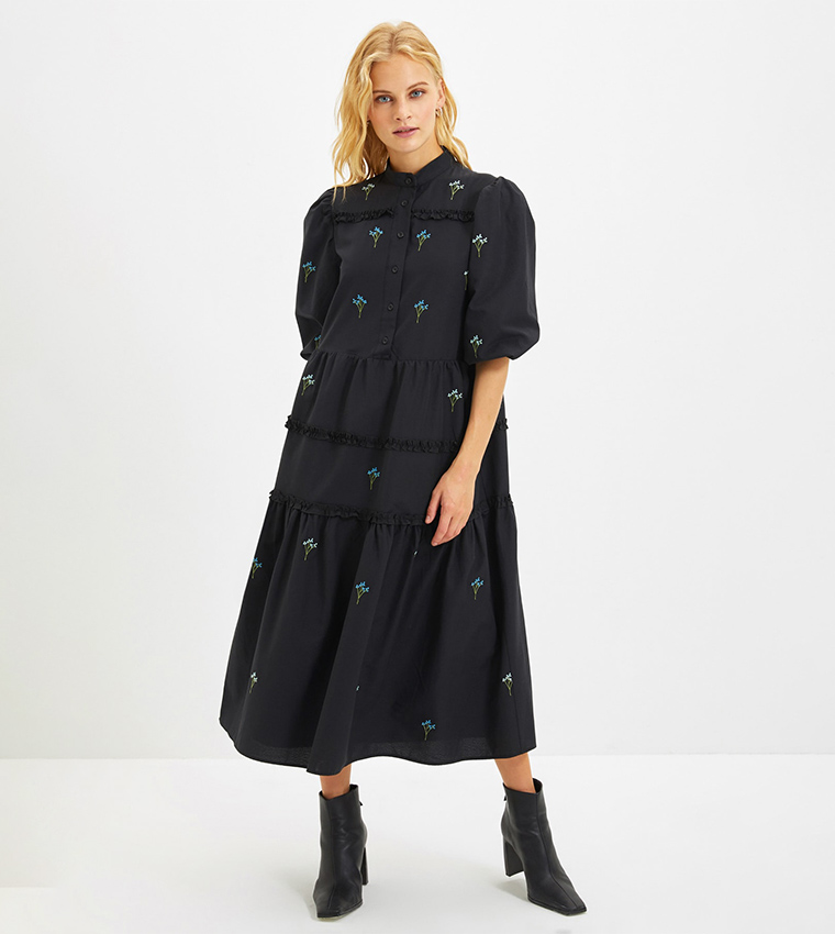 Embroidered Midi Tiered Dress