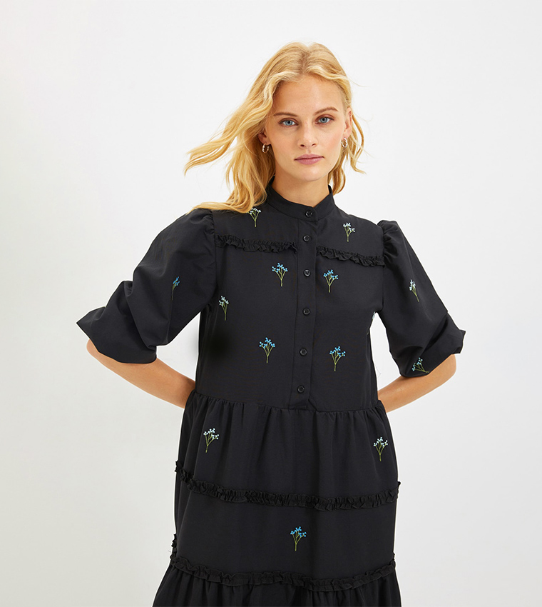 Embroidered Midi Tiered Dress