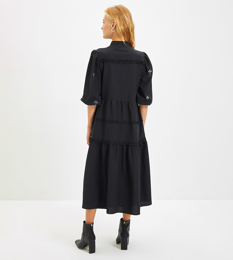 Embroidered Midi Tiered Dress