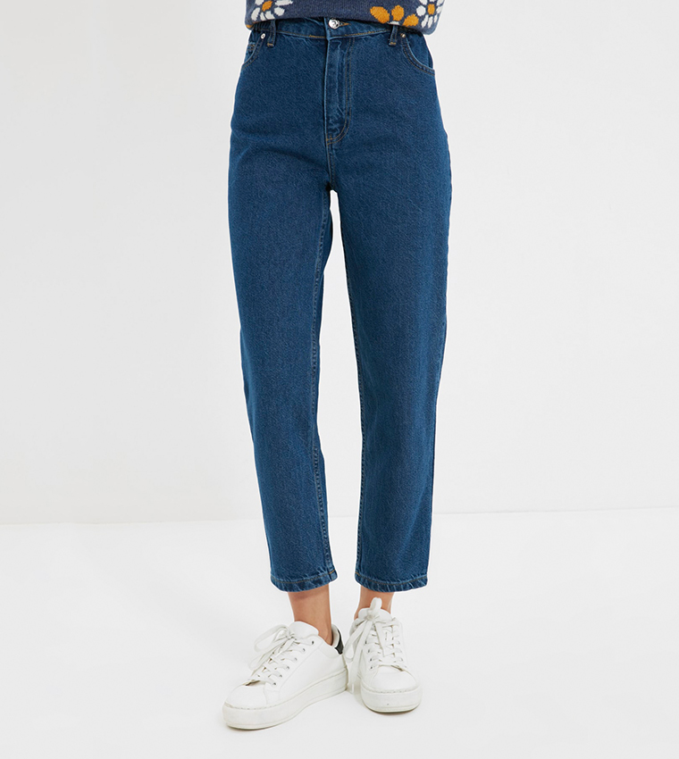 Buy Trendyol High Waist Elastic Waist Mom Jeans In Blue | 6thStreet Qatar