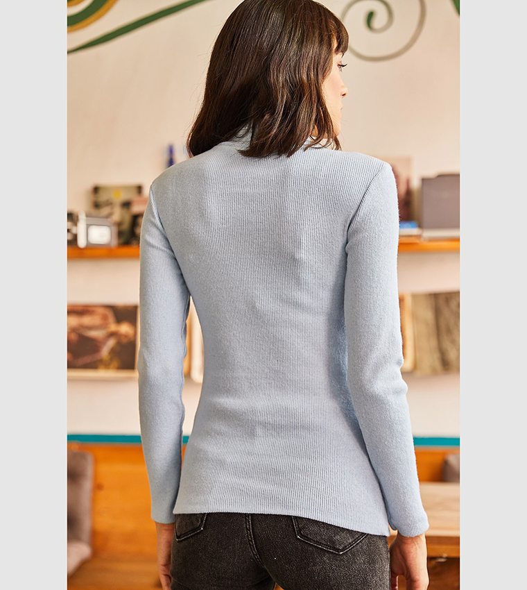 Button Detailed Half Turtleneck Lycra Top