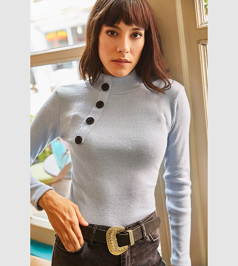 Button Detailed Half Turtleneck Lycra Top