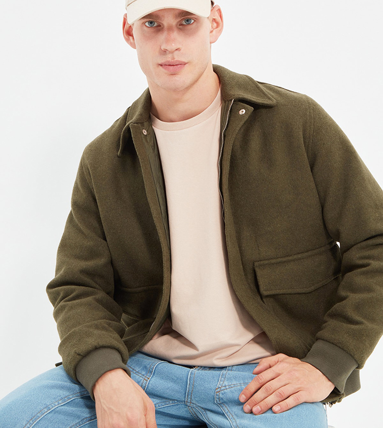 Buy Trendyol Regular Fit Basic Coat In Khaki | 6thStreet Qatar