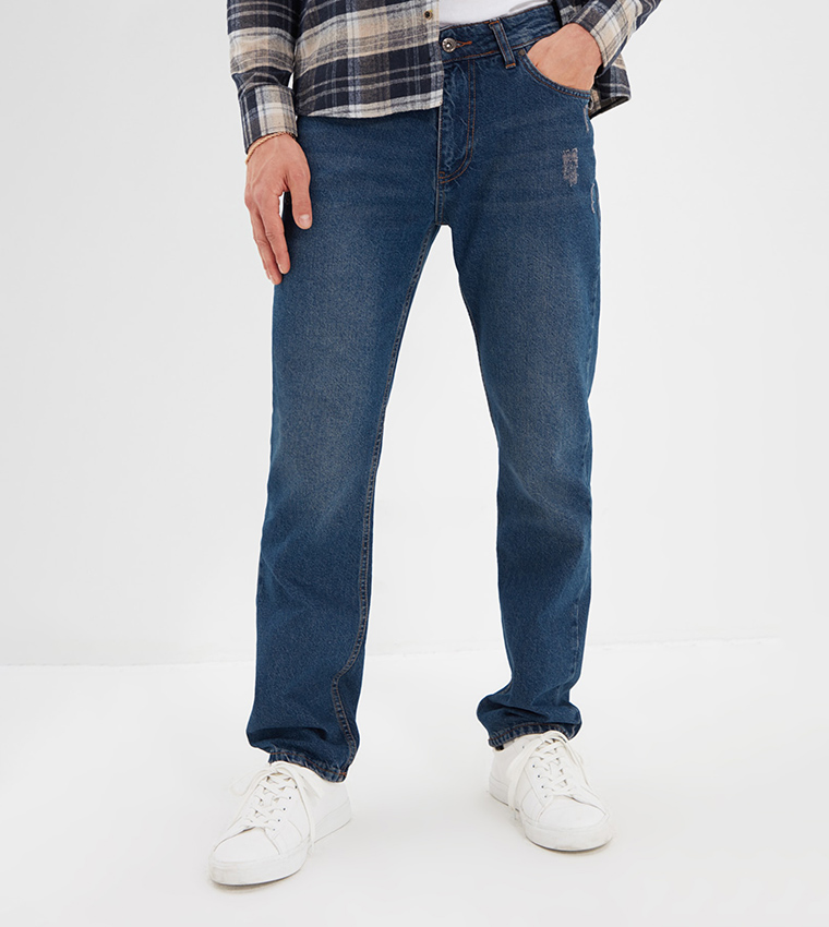 Jean Rake Buy Trendyol Straight Fit Tinted Rake Destroyed Jeans In Blue ...