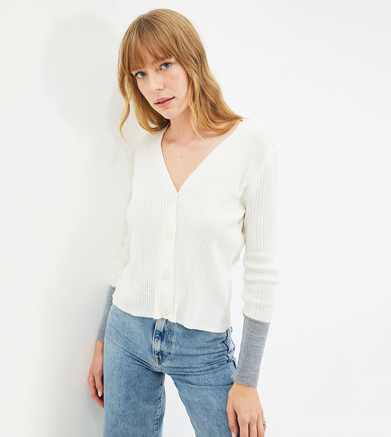 Buy Trendyol Color Blocked Ribbed Cardigan In White 