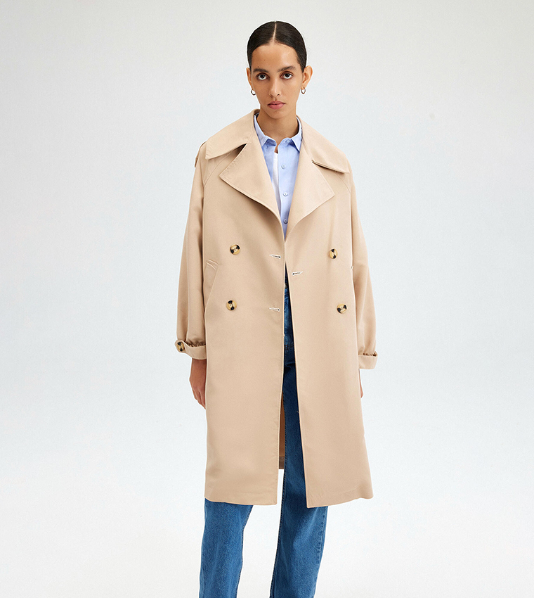 Buy Touché Double Breasted Lapel Collar Trench Coat In Beige ...