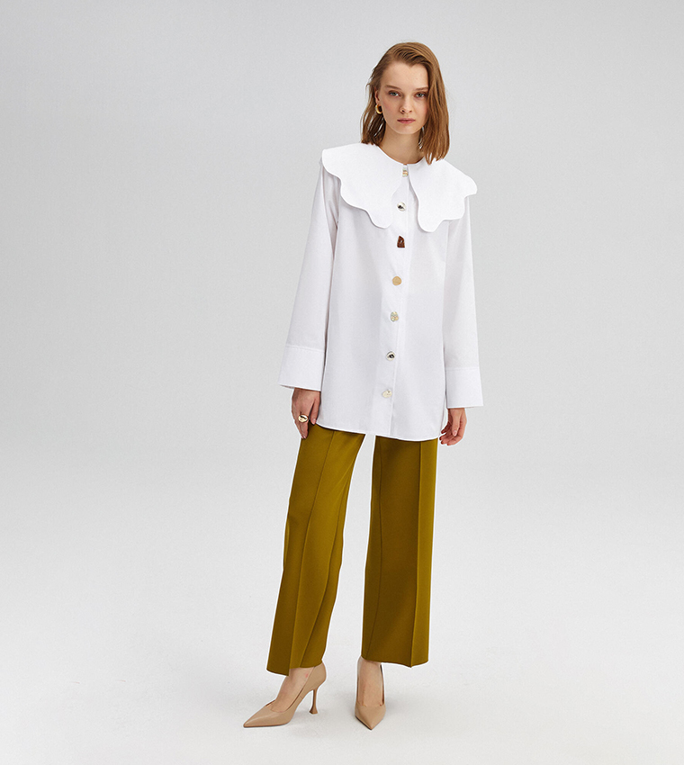 Solid scallop Collar Long Sleeves Top