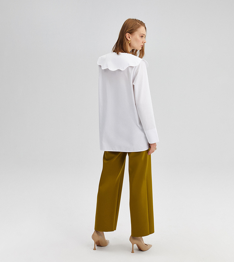Solid scallop Collar Long Sleeves Top