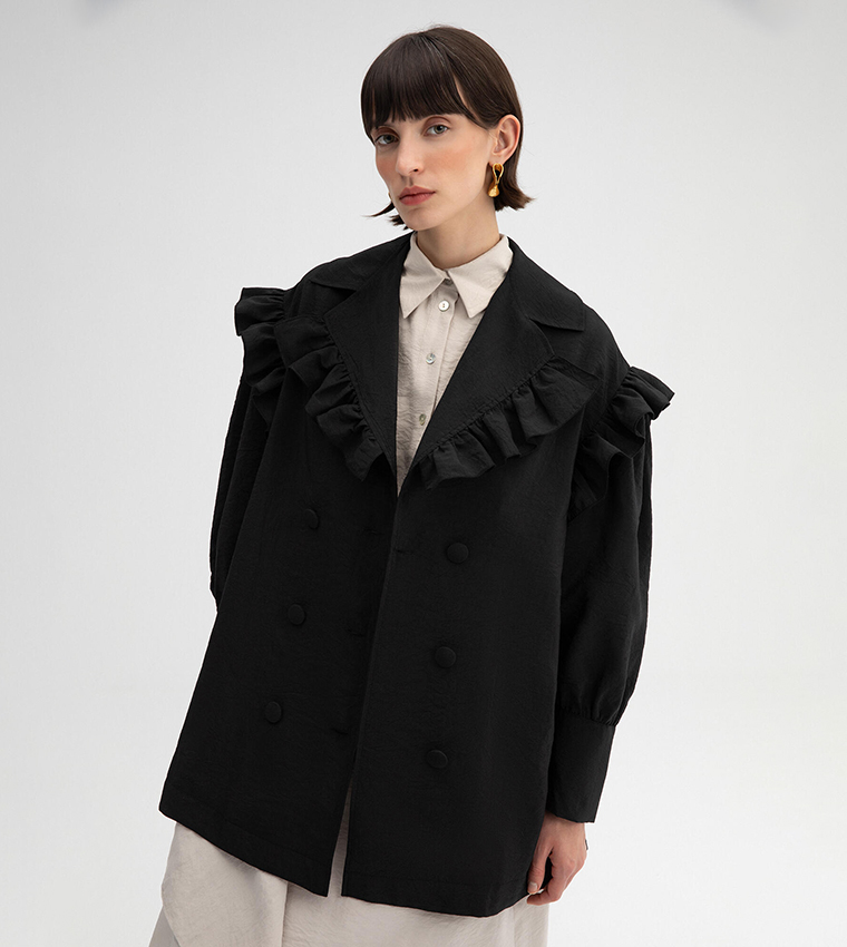 Buy Touché Double Breasted Ruffle Detail Oversized Blazer In Black