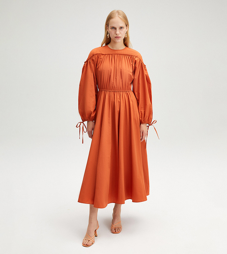 Orange long outlet sleeve midi dress