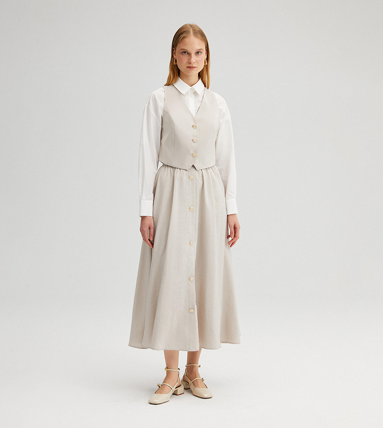 Button Detail Vest and Skirt Set with Pockets