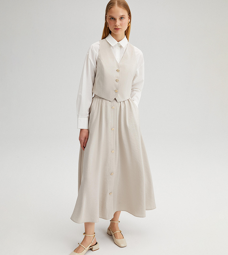 Button Detail Vest and Skirt Set with Pockets