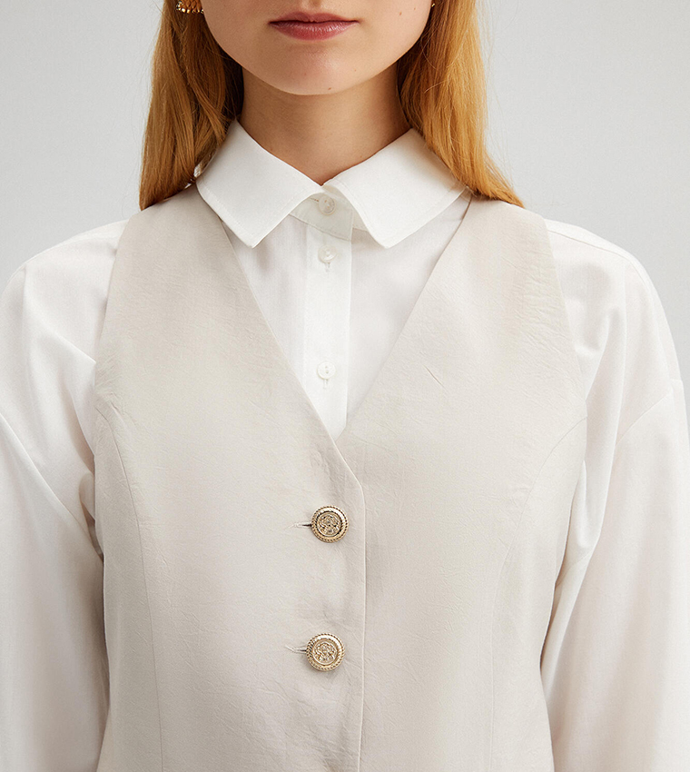 Button Detail Vest and Skirt Set with Pockets