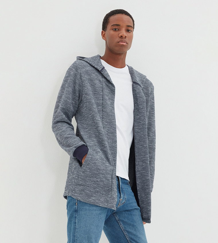 Buy Trendyol Regular Fit Hooded Cardigan In Blue 6thStreet Oman