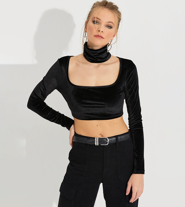 Square Neck Velvet Crop Top
