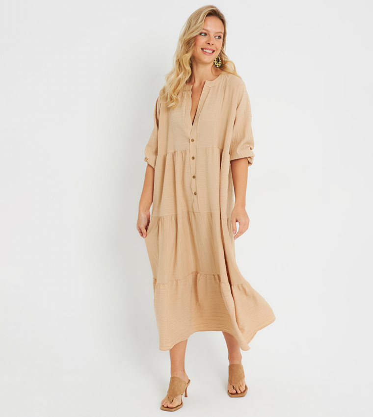 Buy Cool & Sexy Solid 3/4 Sleeves Midi Dress In Brown | 6thStreet UAE